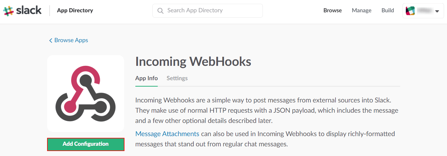 Slack Incoming Webhook Add Configuration