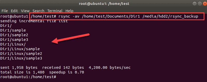 rsync -av /home/test/Documents/Dir1 /media/hdd2/rsync_backup