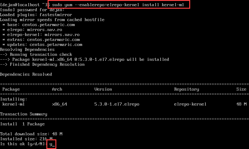 sudo yum --enablerepo=elrepo-kernel install kernel-ml