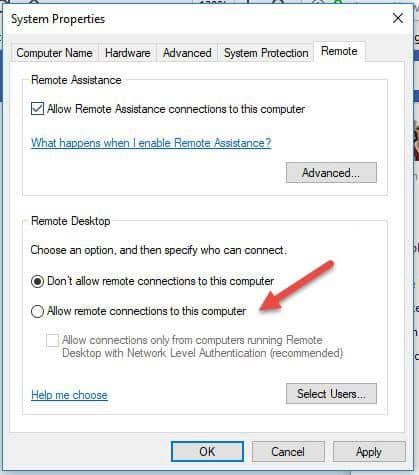 Allow remote connections to this computer