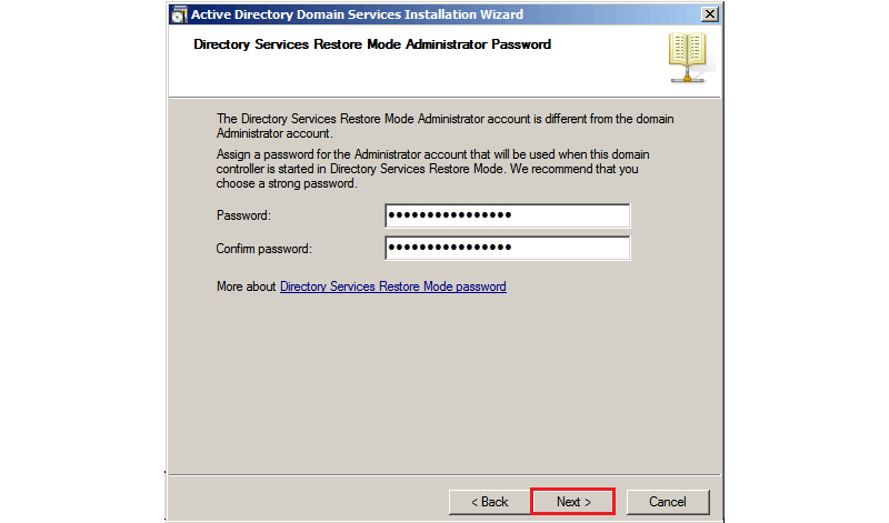Настройка пароля администратора для восстановления БД AD