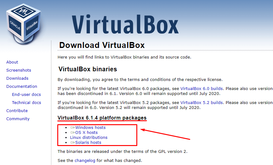 Выбор дистрибутива VirtualBox