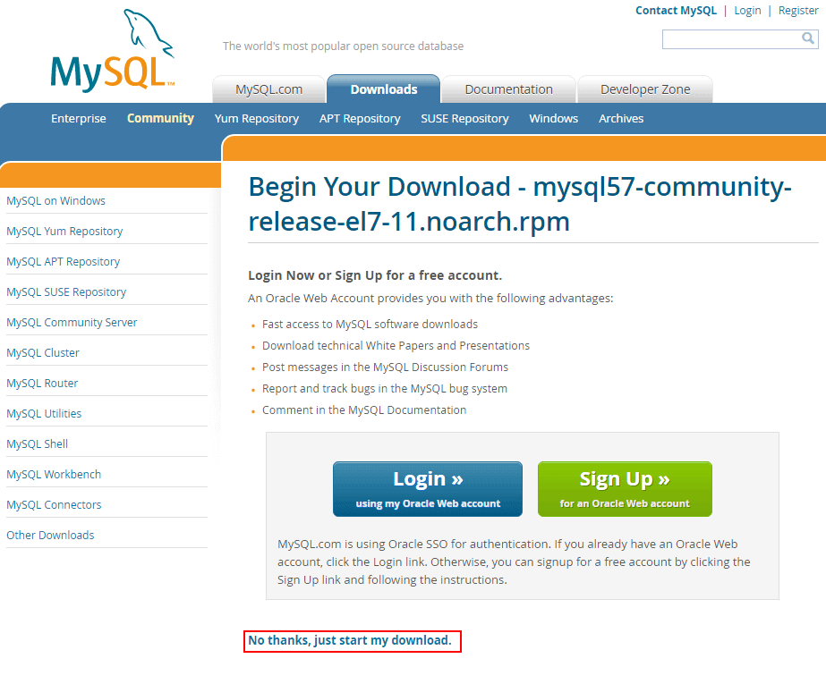 Загрузка дистрибутива MySQL Server на CentOS 7