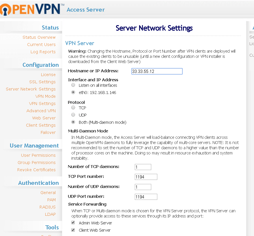 Изменение параметров сервера OVPN