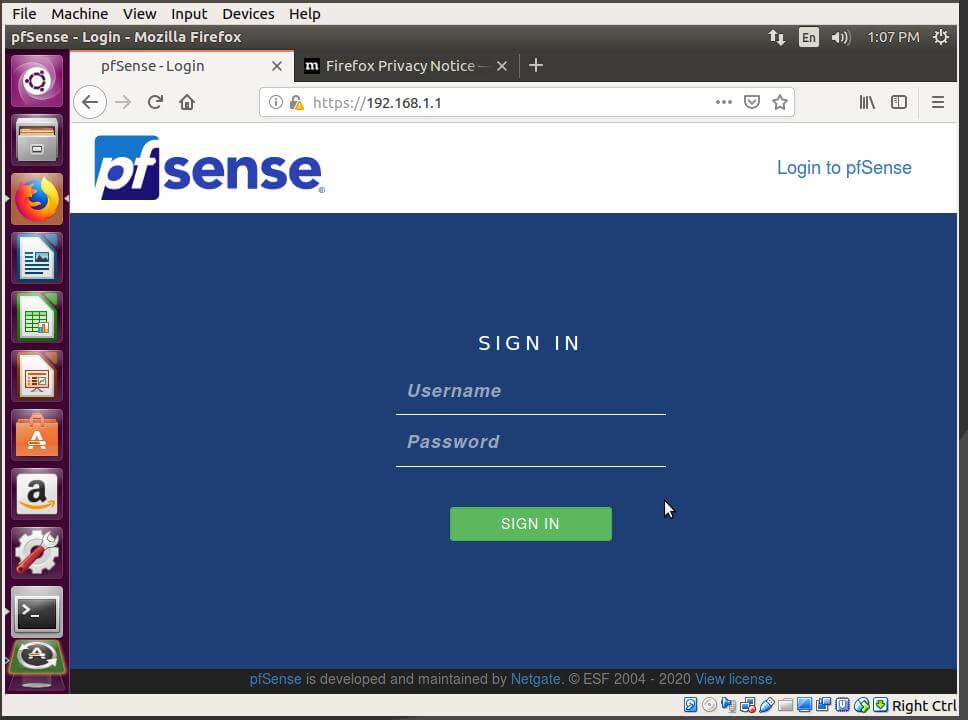 Вход на веб-интерфейс pfSense