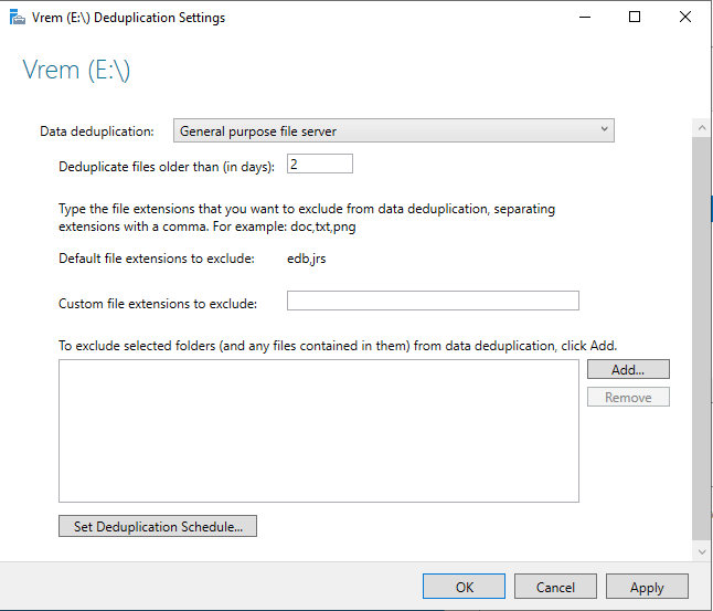 Настройка параметров дедупликации в Windows Server 2019