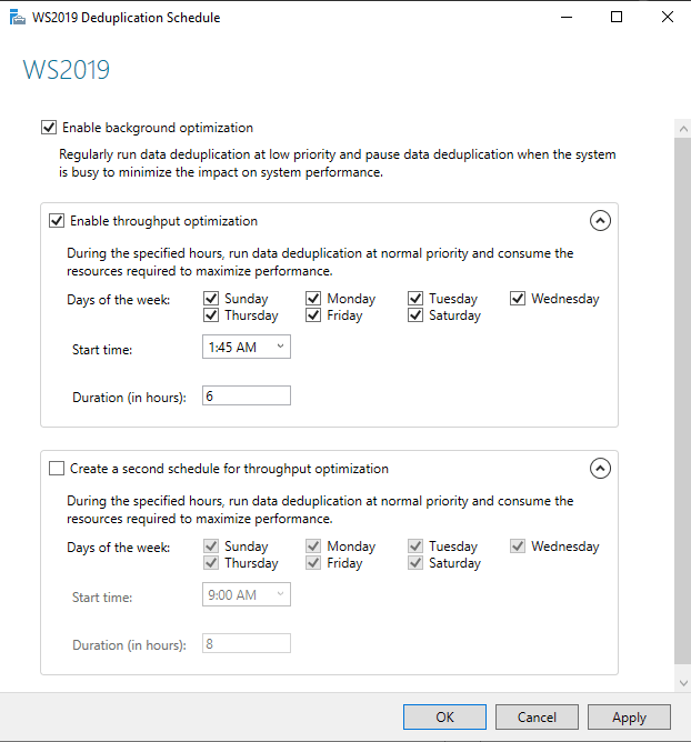Настройка параметров расписания дедупликации в Windows Server 2019